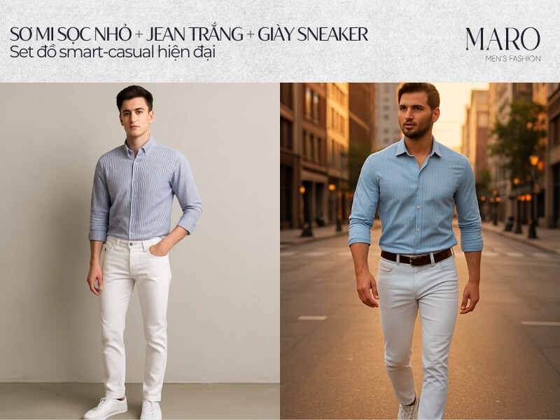 sơ mi sọc nhỏ jean trắng giày sneaker smart casual