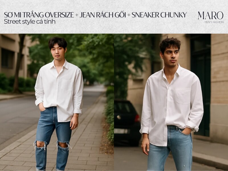 street style cá tính sơ mi trắng oversize quần jean rách gối