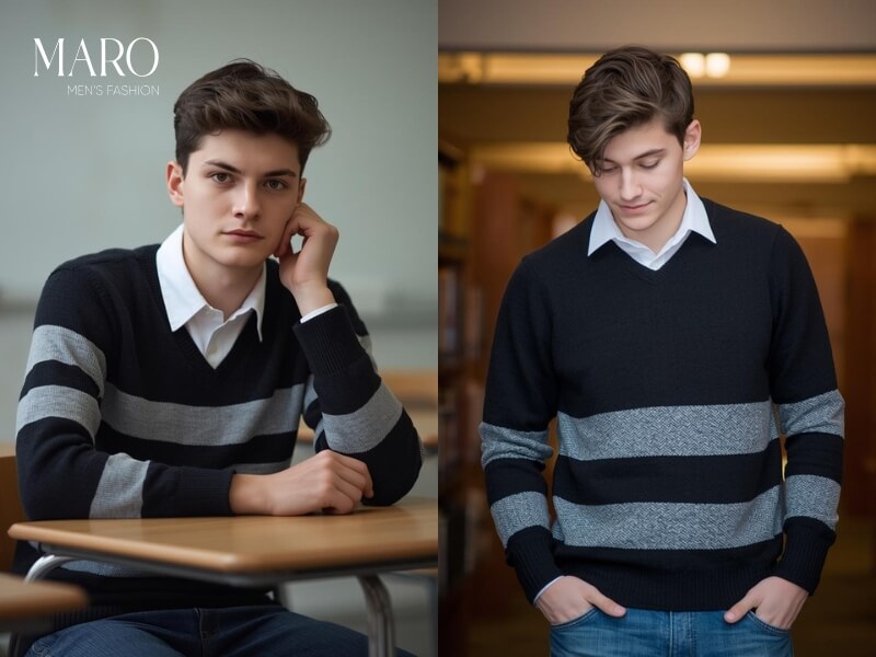 sweater kẻ sọc phối sơ mi nam
