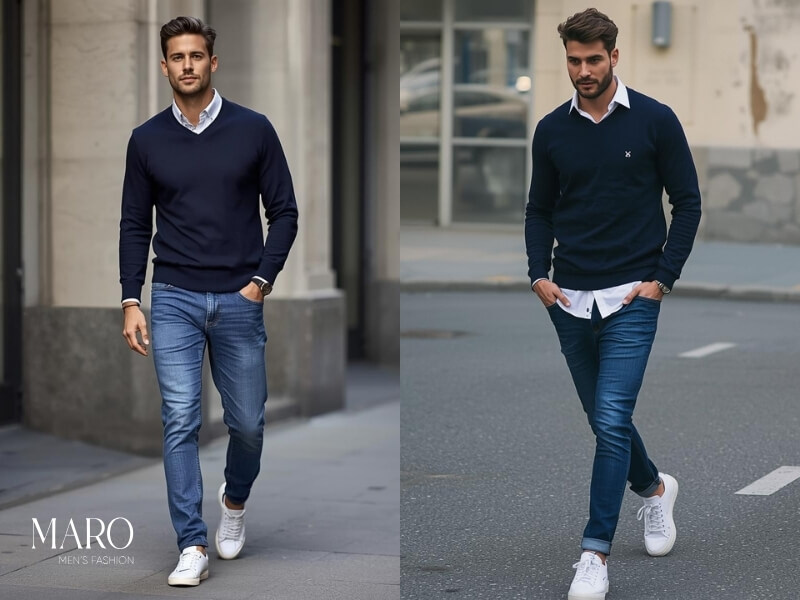 sweater phối sơ mi nam phong cách casual