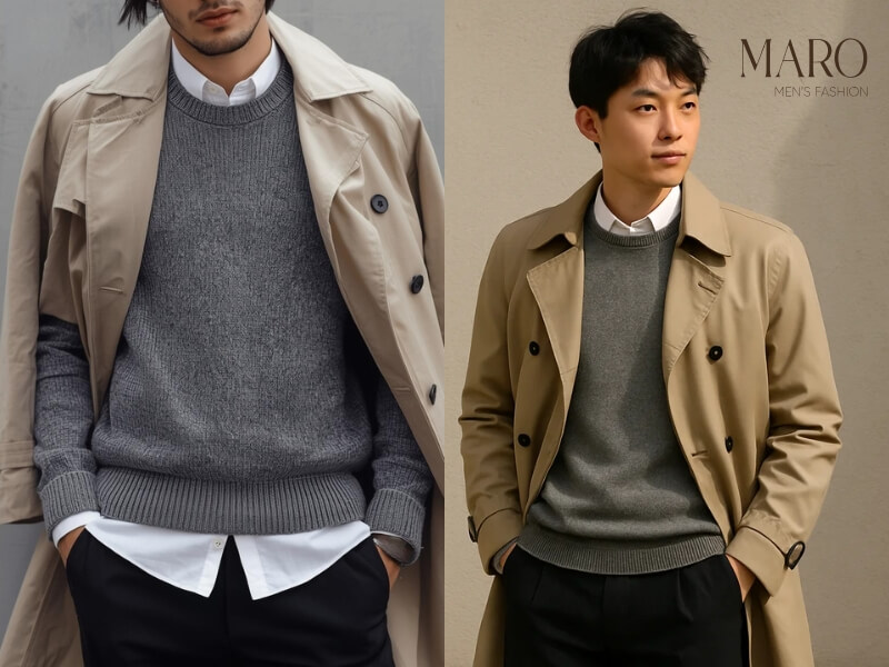 sweater và sơ mi layering với áo khoác ngoài nam