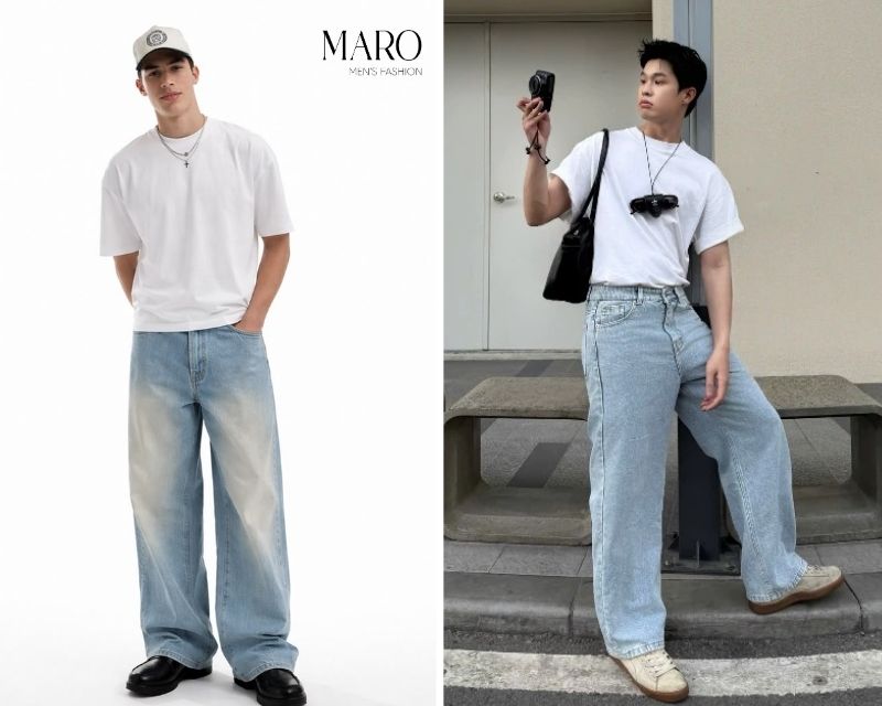 jean xanh nhạt áo thun trắng sneaker