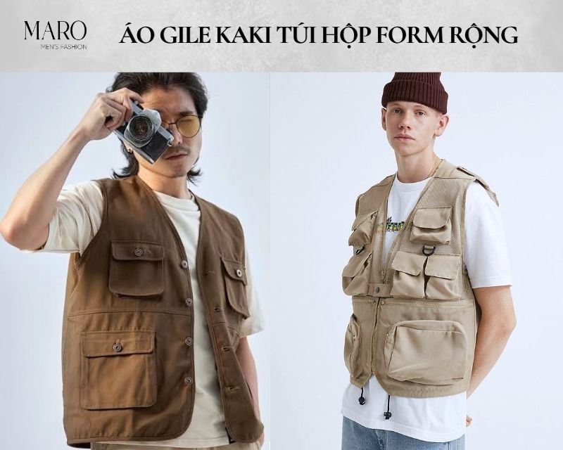 áo gile kaki túi hộp form rộng