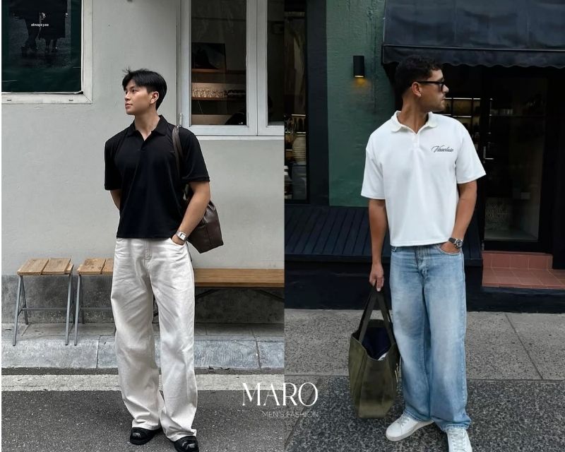 áo polo boxy cùng quần jean ống đứng suông