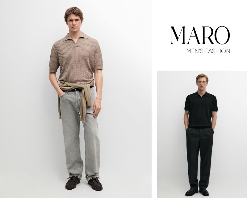 áo polo dệt kim quần tây xám loafer