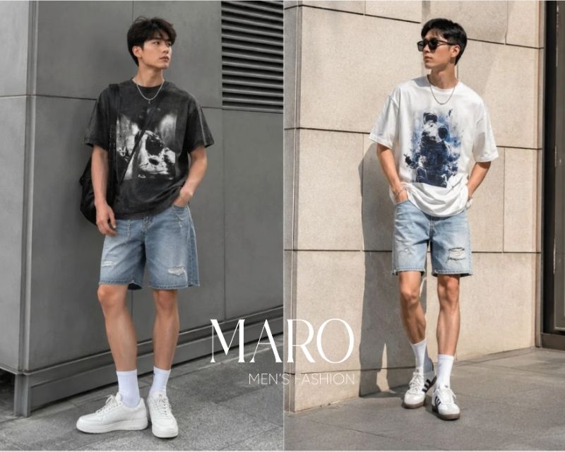 áo thun graphic nam phối với quần short