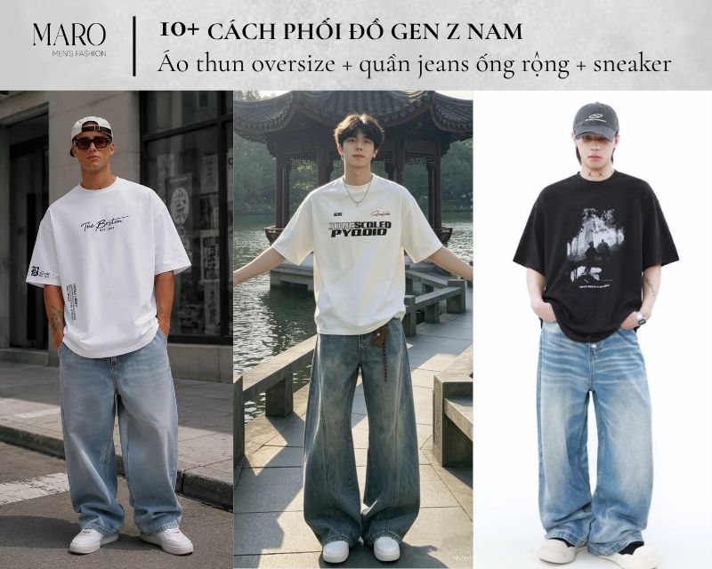 áo thun oversize jeans ống suông sneaker