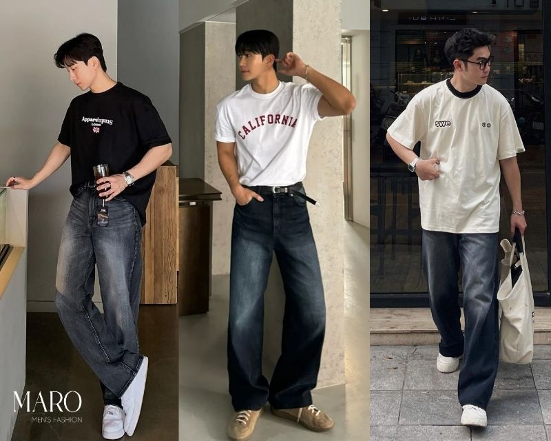 áo thun oversize và quần jeans ống rộng