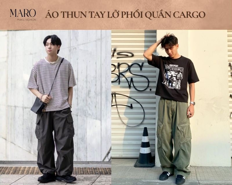 áo thun tay lỡ nam phối quần cargo