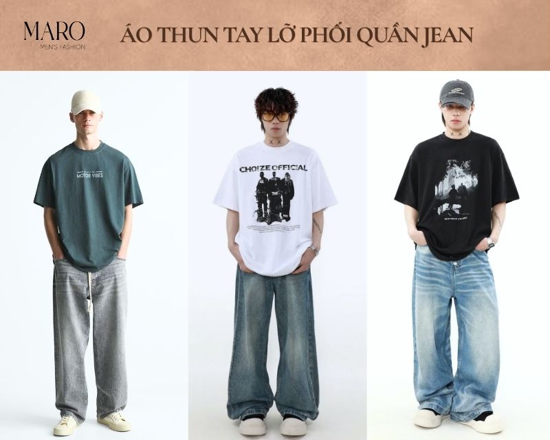 áo thun tay lỡ nam phối quần jean