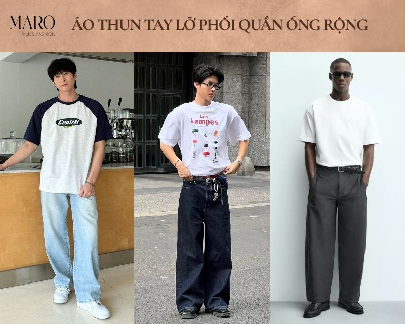 áo thun tay lỡ nam phối quần ống rộng