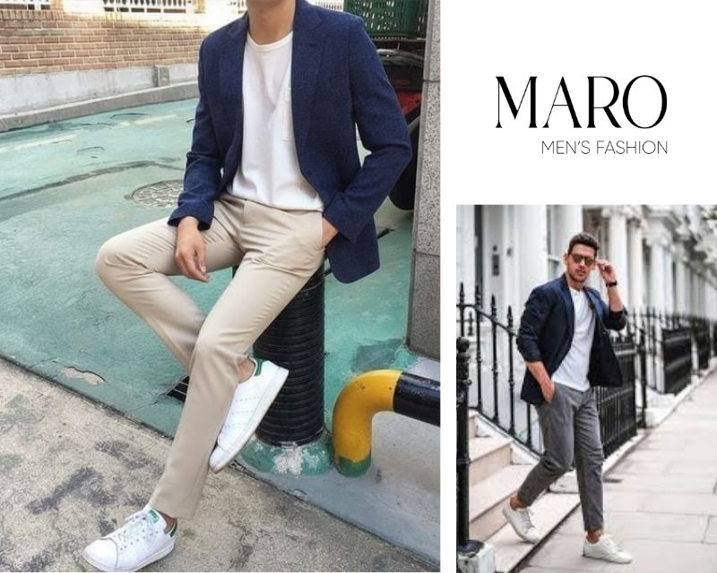blazer navy áo thun trắng quần chinos be