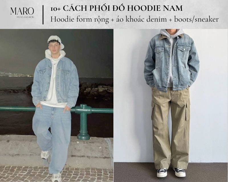 hoodie nam form rộng áo khoác denim boots sneaker