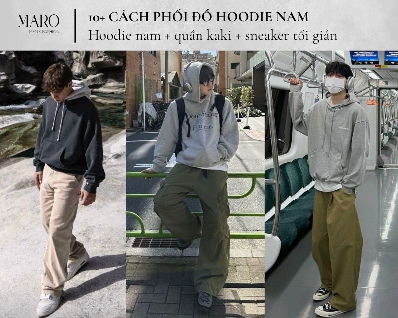 hoodie nam quần kaki sneaker tối giản