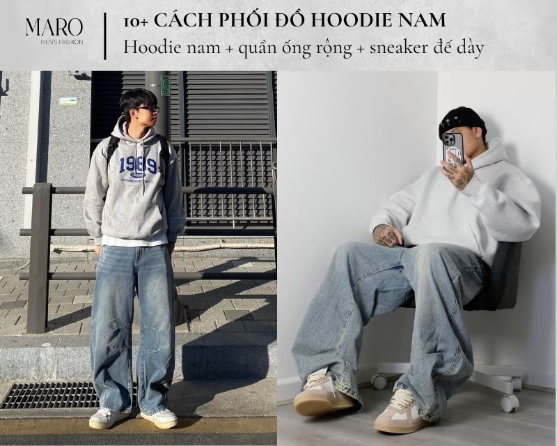 hoodie nam quần ống rộng sneaker đế dày