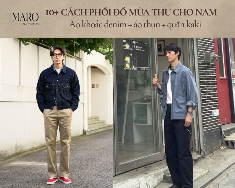outfit mùa thu cho nam áo khoác denim áo thun quần kaki
