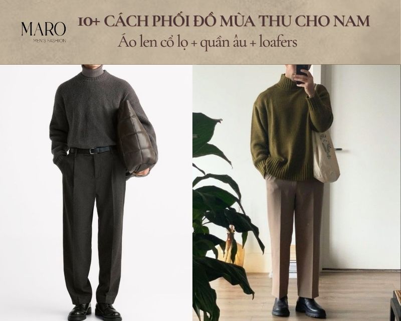 outfit mùa thu cho nam áo len cổ lọ quần âu loafers