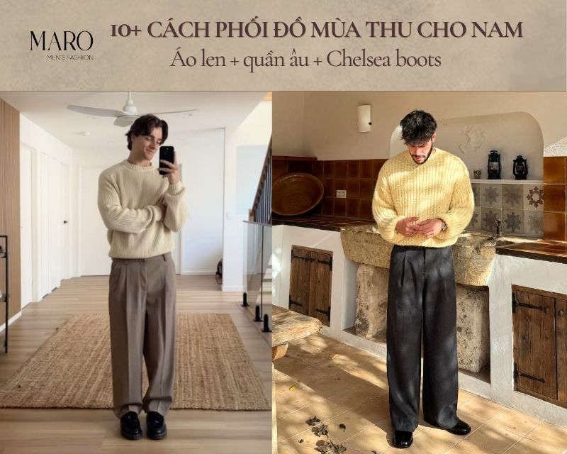 outfit mùa thu cho nam áo len quần âu chelsea boots