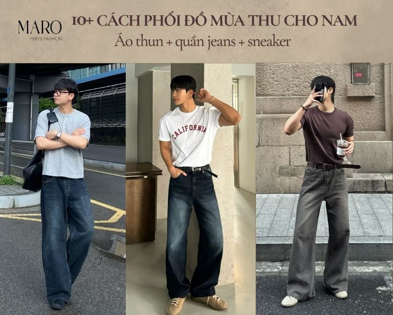 outfit mùa thu cho nam áo thun quần jeans sneaker