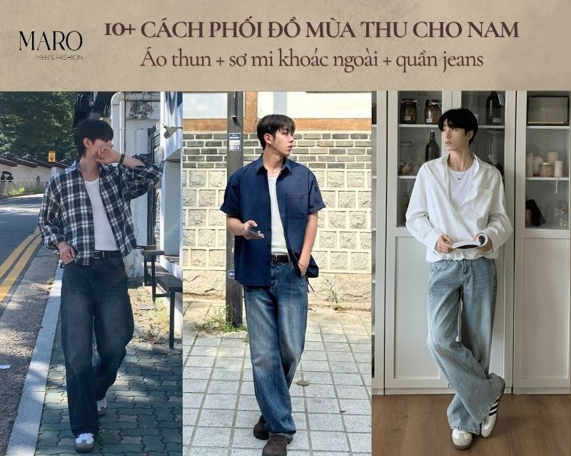 outfit mùa thu cho nam áo thun sơ mi khoác ngoài quần jeans