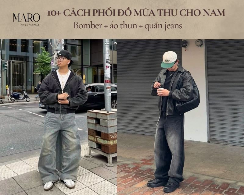 outfit mùa thu cho nam bomber áo thun quần jeans