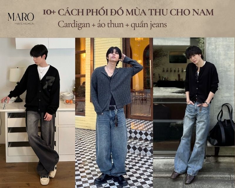 outfit mùa thu cho nam cardigan áo thun quần jeans