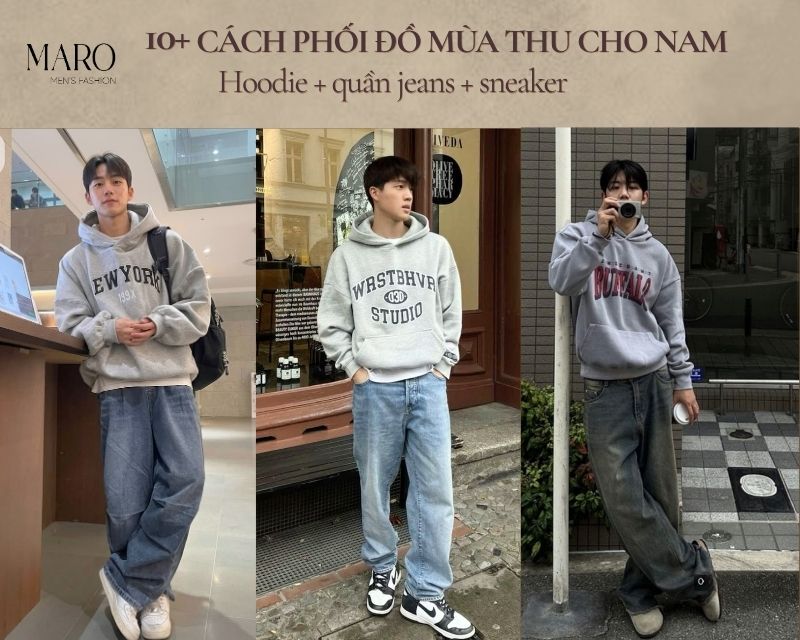 outfit mùa thu cho nam hoodie quần jeans sneaker