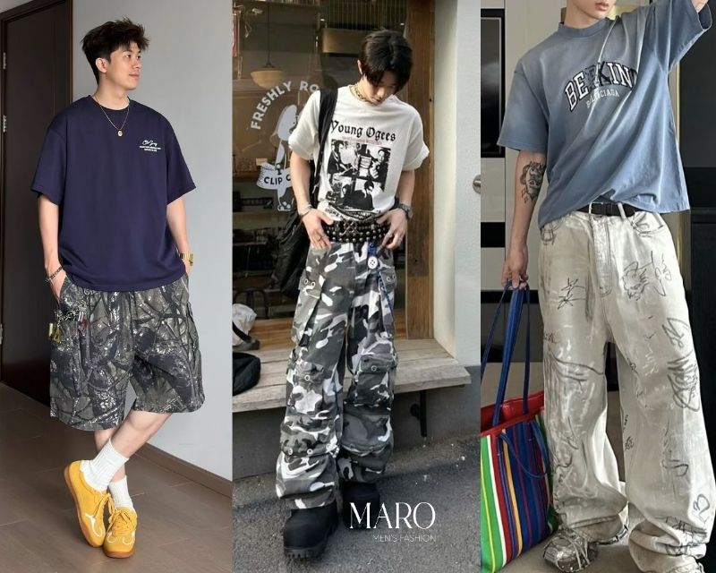 phối áo oversize nam với quần hoạ tiết
