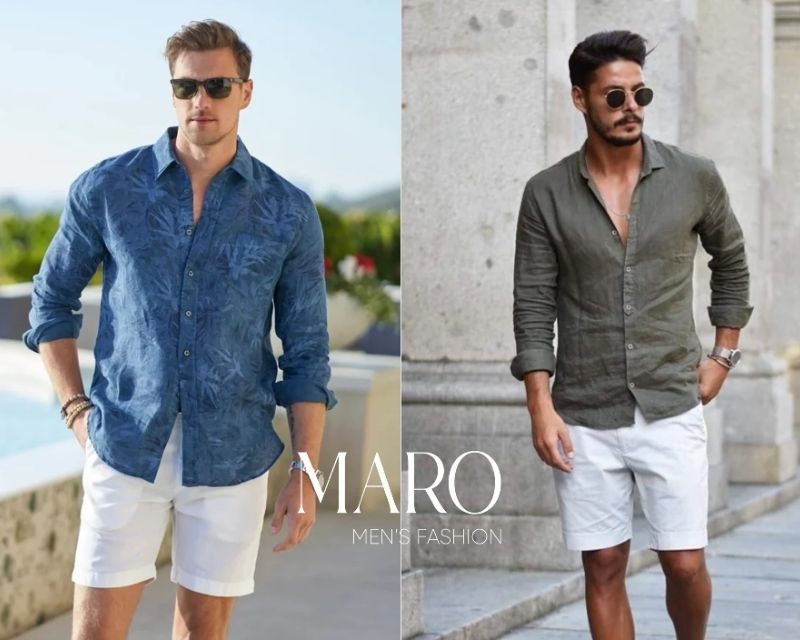 phối đồ quần short với áo sơ mi tay dài