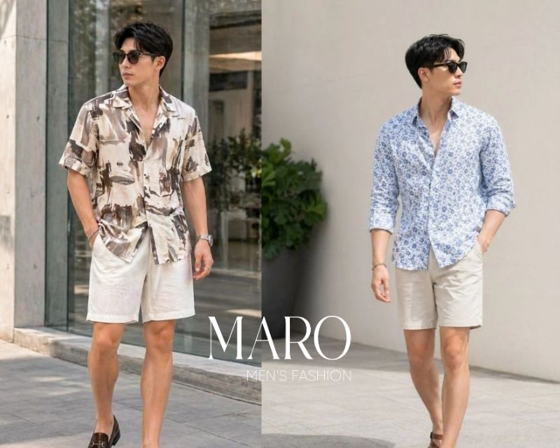 phối quần short linen với áo thun họa tiết
