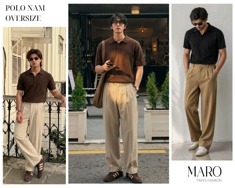 polo oversize với quần tây ống rộng
