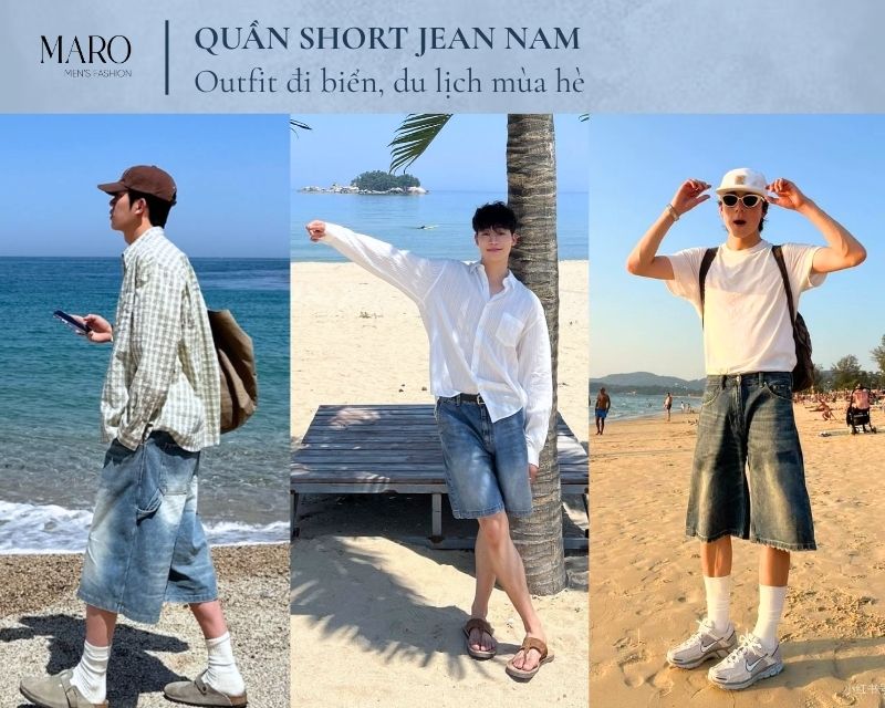 quần short jean nam outfit đi biển du lịch mùa hè