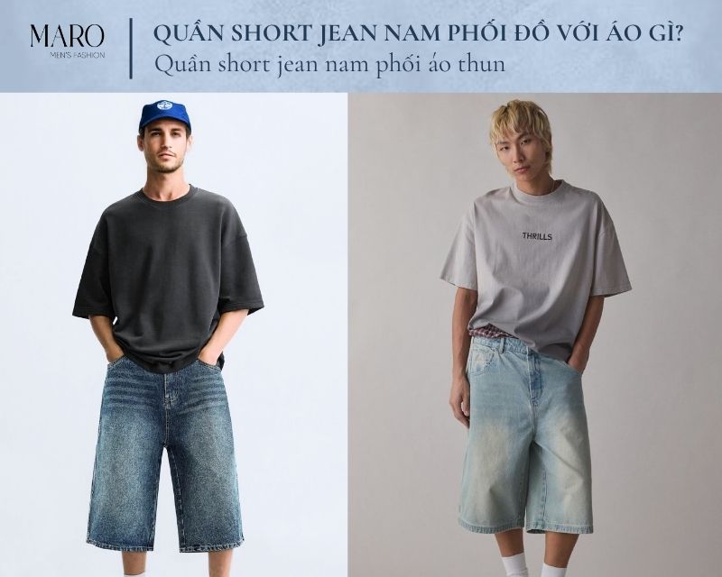 quần short jean nam phối áo thun