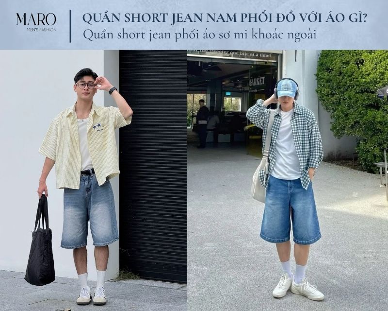 quần short jean phối áo sơ mi khoác ngoài
