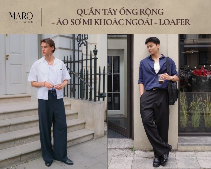 quần tây đen ống rộng áo sơ mi khoác ngoài loafer