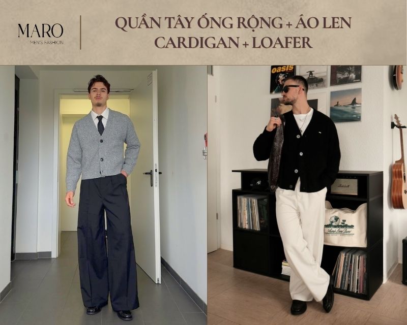 quần tây ống rộng áo len cardigan loafer