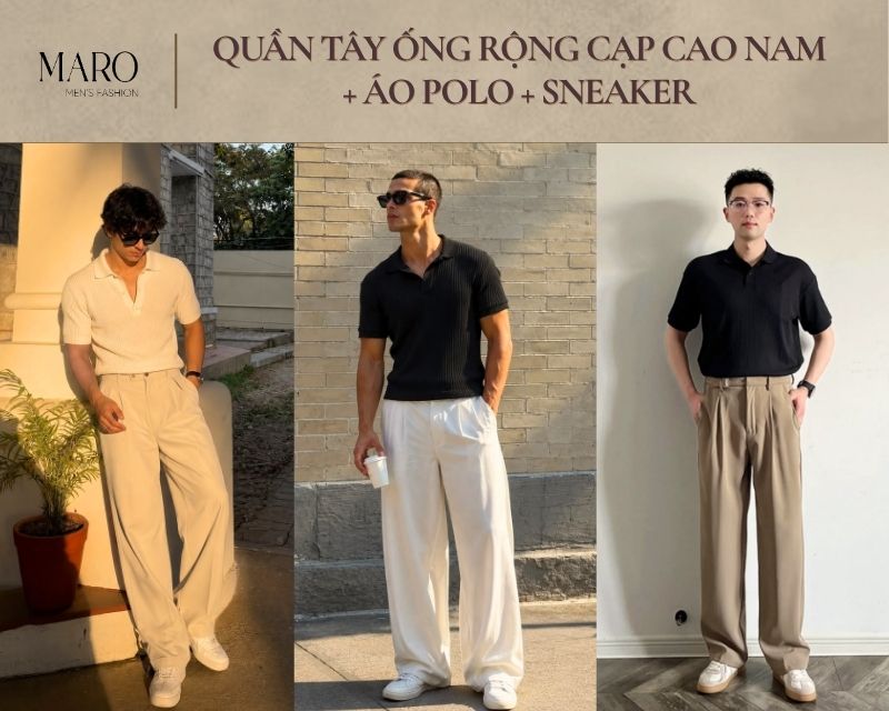 quần tây ống rộng cạp cao nam áo polo sneaker