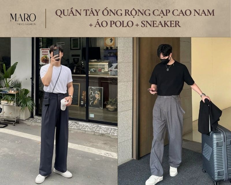 quần tây ống rộng lưng cao áo thun basic sneaker