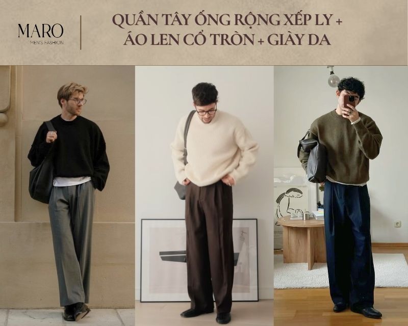 quần tây ống rộng xếp ly áo len cổ tròn giày da