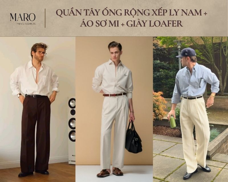 quần tây ống rộng xếp ly nam áo sơ mi giày loafer