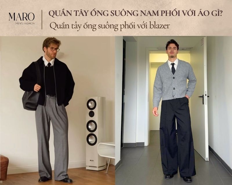 quần tây ống suông phối với áo khoác