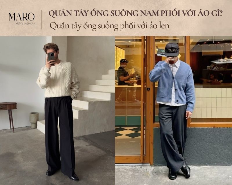 quần tây ống suông phối với áo len