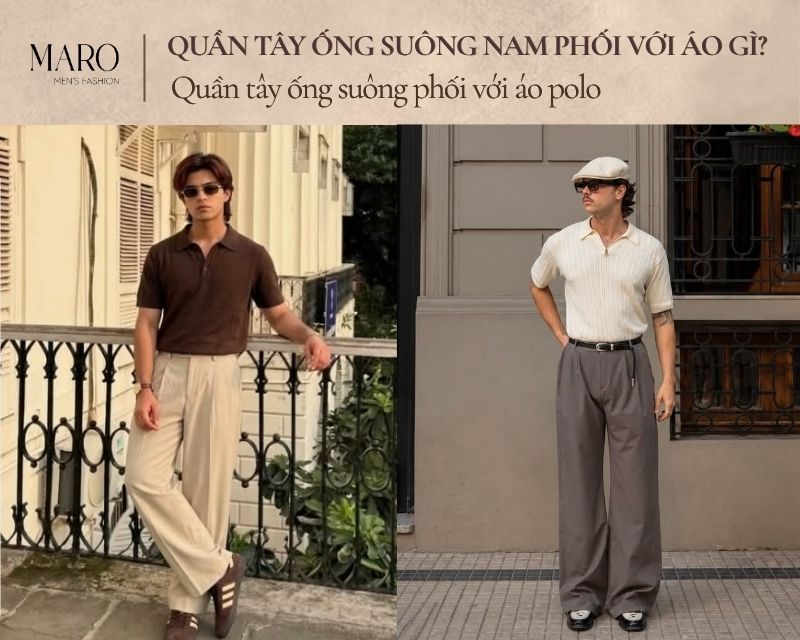 quần tây ống suông phối với áo polo