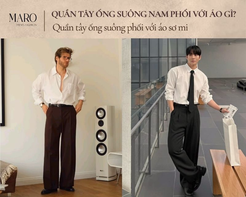 quần tây ống suông phối với áo sơ mi