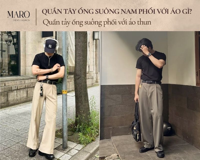 quần tây ống suông phối với áo thun