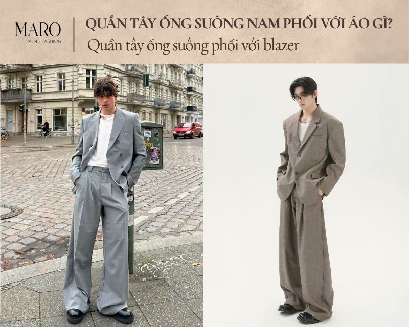 quần tây ống suông phối với blazer
