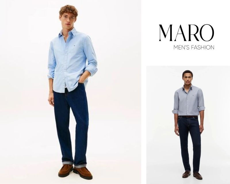 sơ mi oxford xanh quần jean đen sneaker