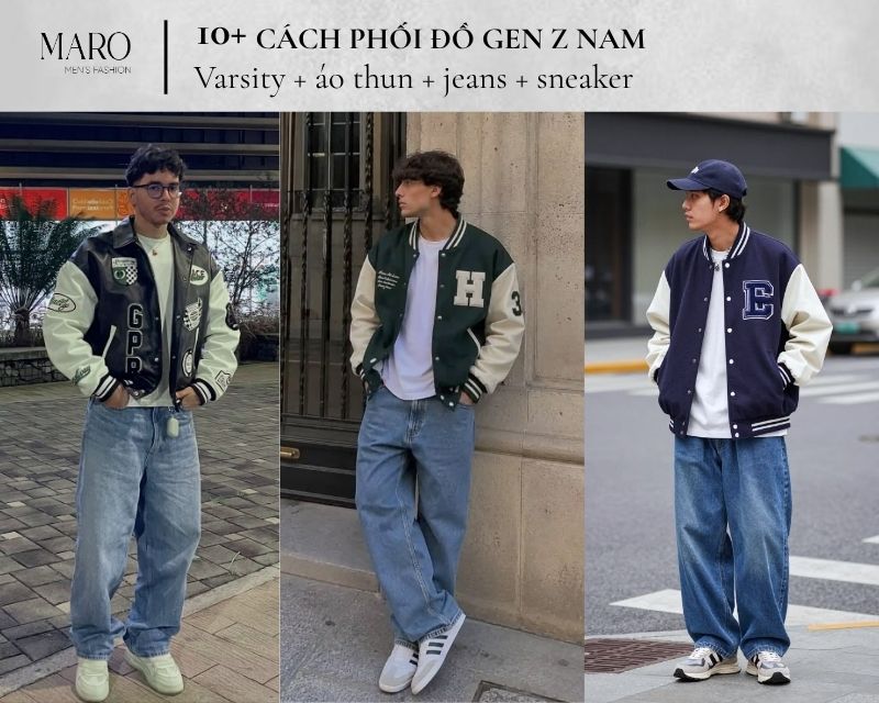 varsity áo thun jeans sneaker